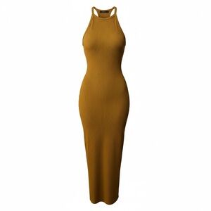 Mustard Ribbed Halter Maxi Dress
